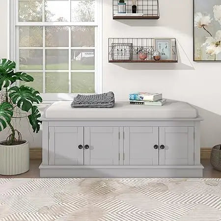 Rustic Storage Bench with 4 Doors and Adjustable Shelves
