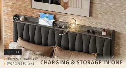 King Size Bed Frame with Storage Headboard and Charging Station