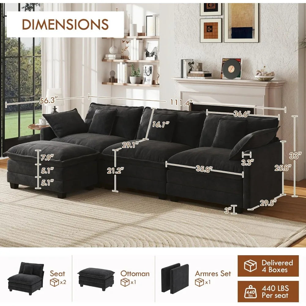 111.4” Cloud Couch, Modular Sectional Sofa with Ottoman