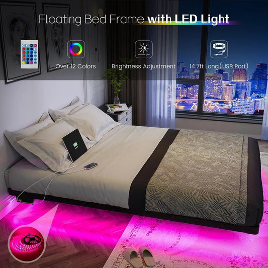 Queen Size Floating Bed Frame  with Smart LED Lights