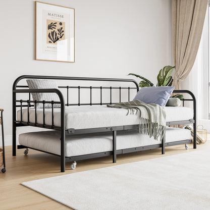 Twin Size Metal Daybed Frame with Trundle, Heavy Duty Steel Slat Support Sofa Bed Platform with Headboard, No Box Spring Needed,