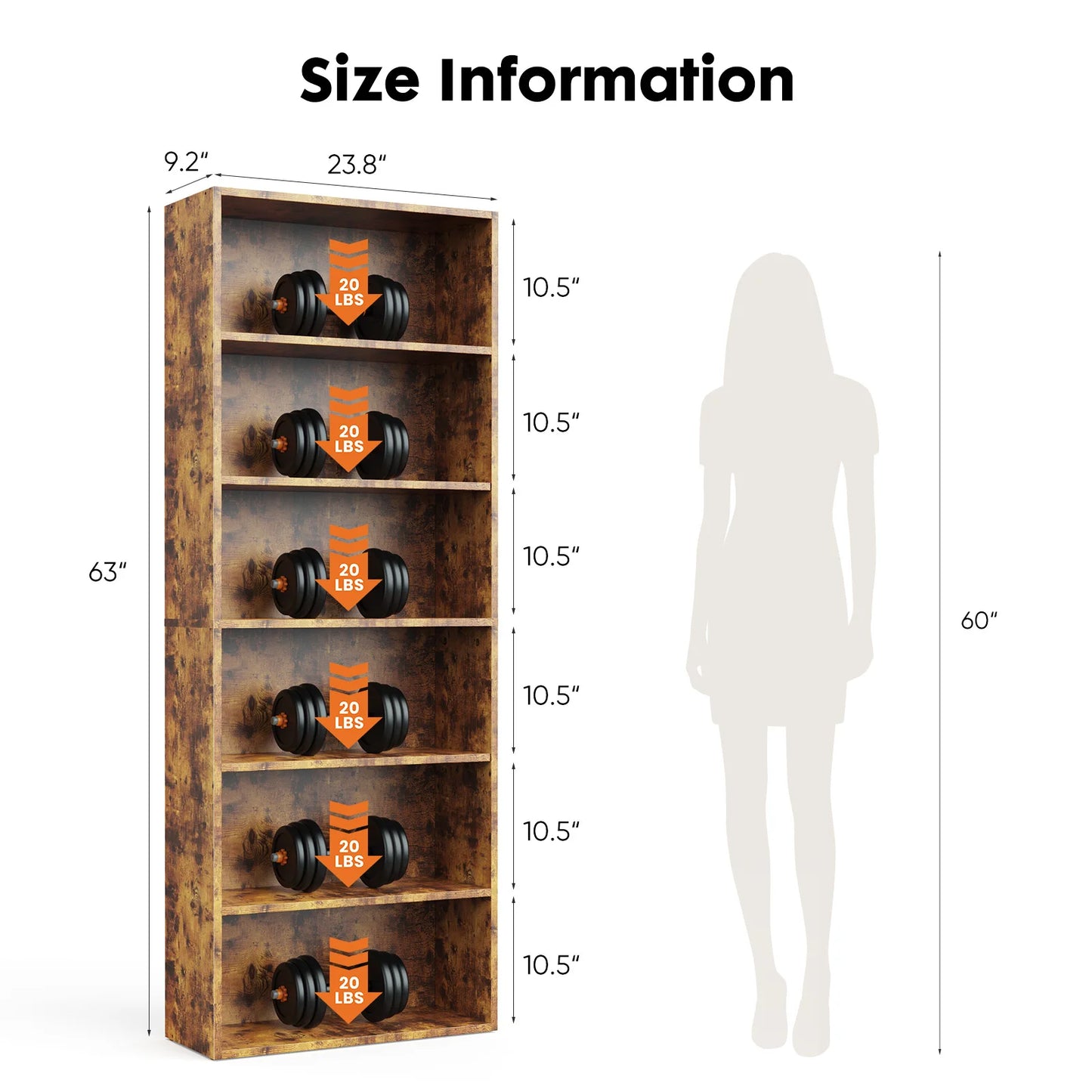 63 Inch Tall 6 Tier Wooden Shelf Bookcase