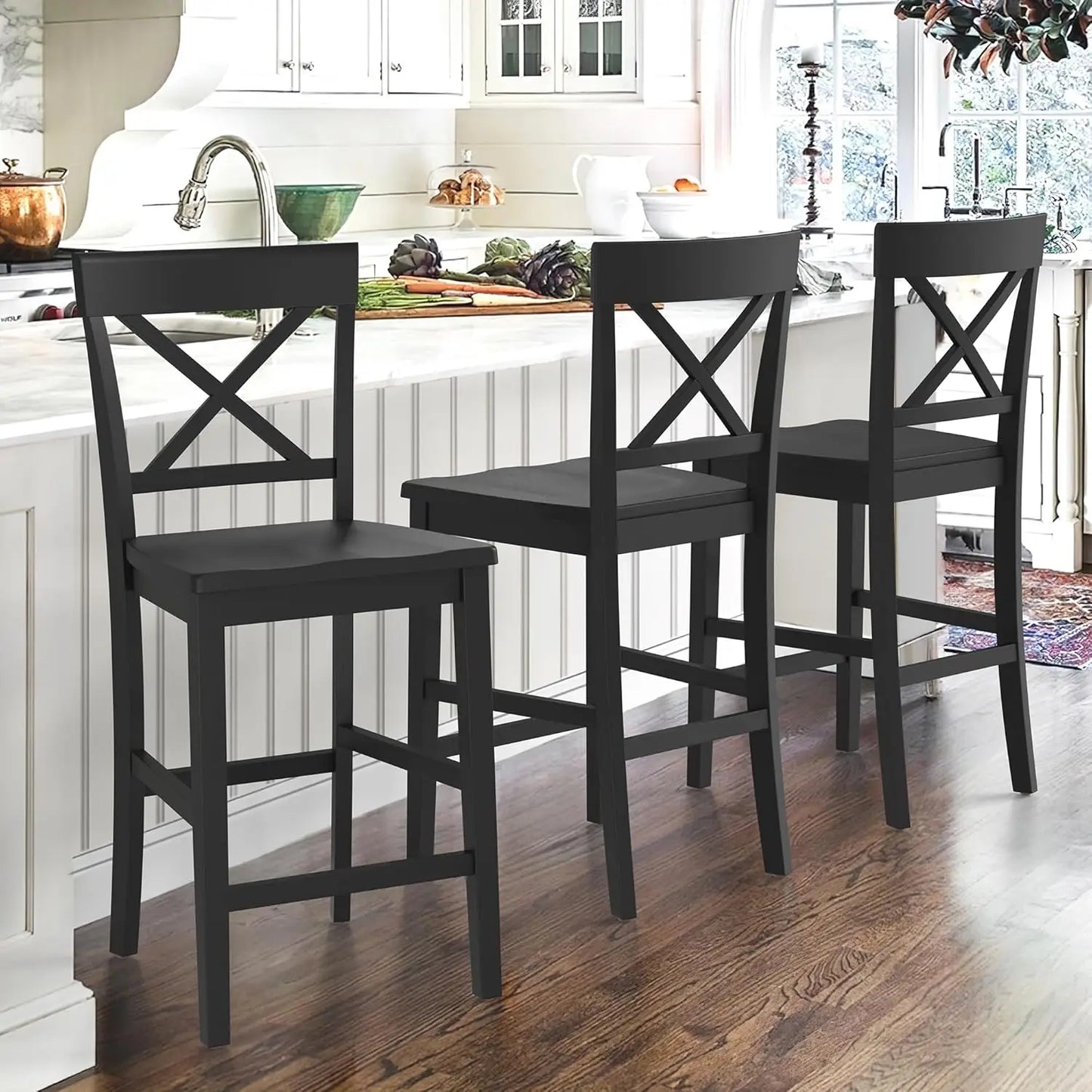 24" H Wooden Stools with Back and Footrest