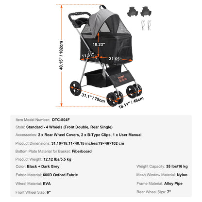 Pet Stroller Carrier Dog or Cat Strollers Lightweight Travel