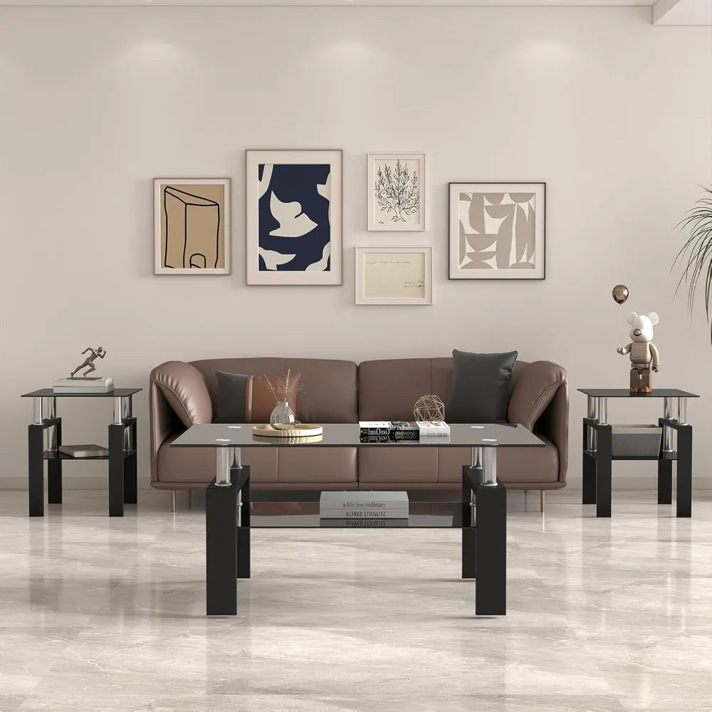 3 Piece Black Glass Coffee Table Set