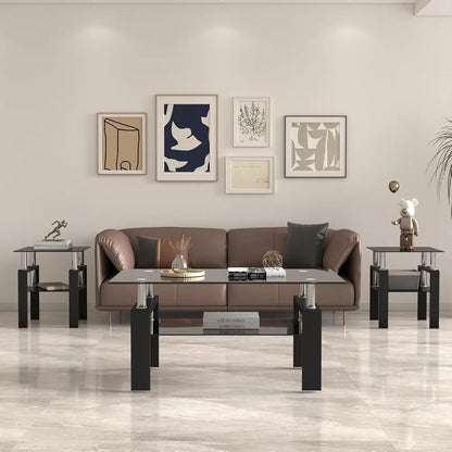 3 Piece Black Glass Coffee Table Set