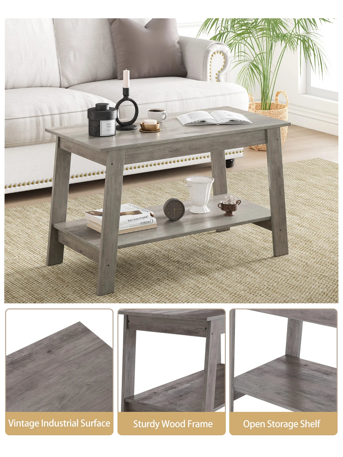 Rustic Farmhouse Wood Coffee Table with Storage Shelf