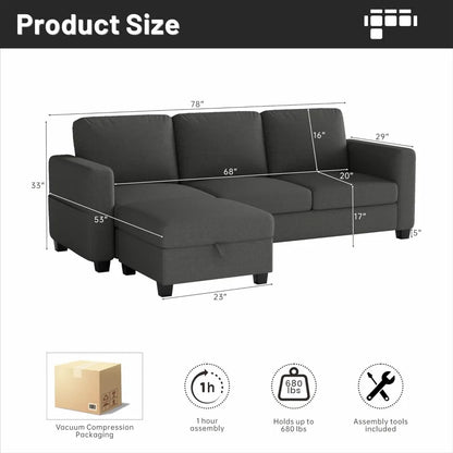 78''L Shaped Dark Grey 3-Seater Convertible Sofas