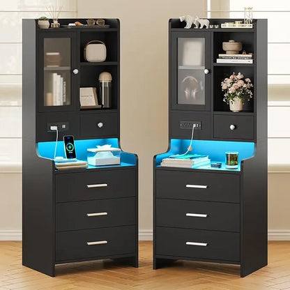 49.2" Black Nightstand Set of 2 with Charging Station