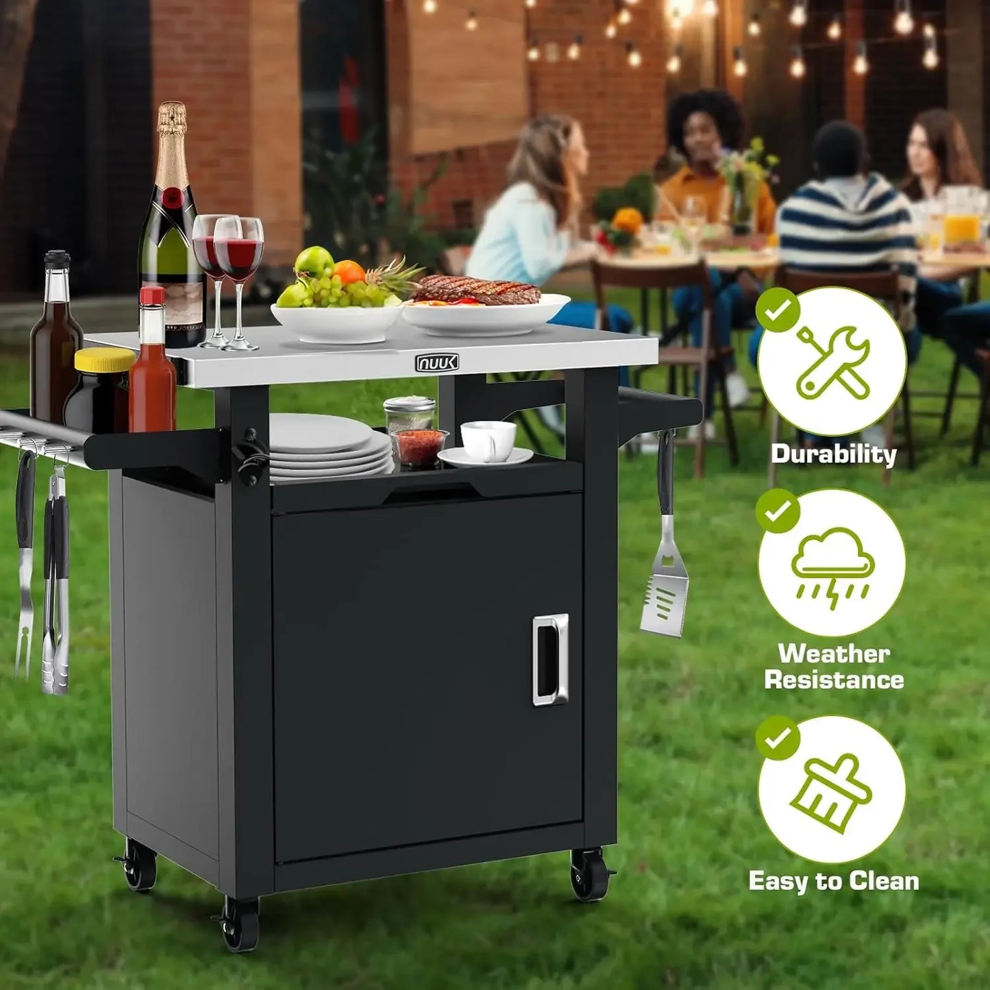Portable Patio Bar Cart with Wheels Stainless Steel Kitchen Storage
