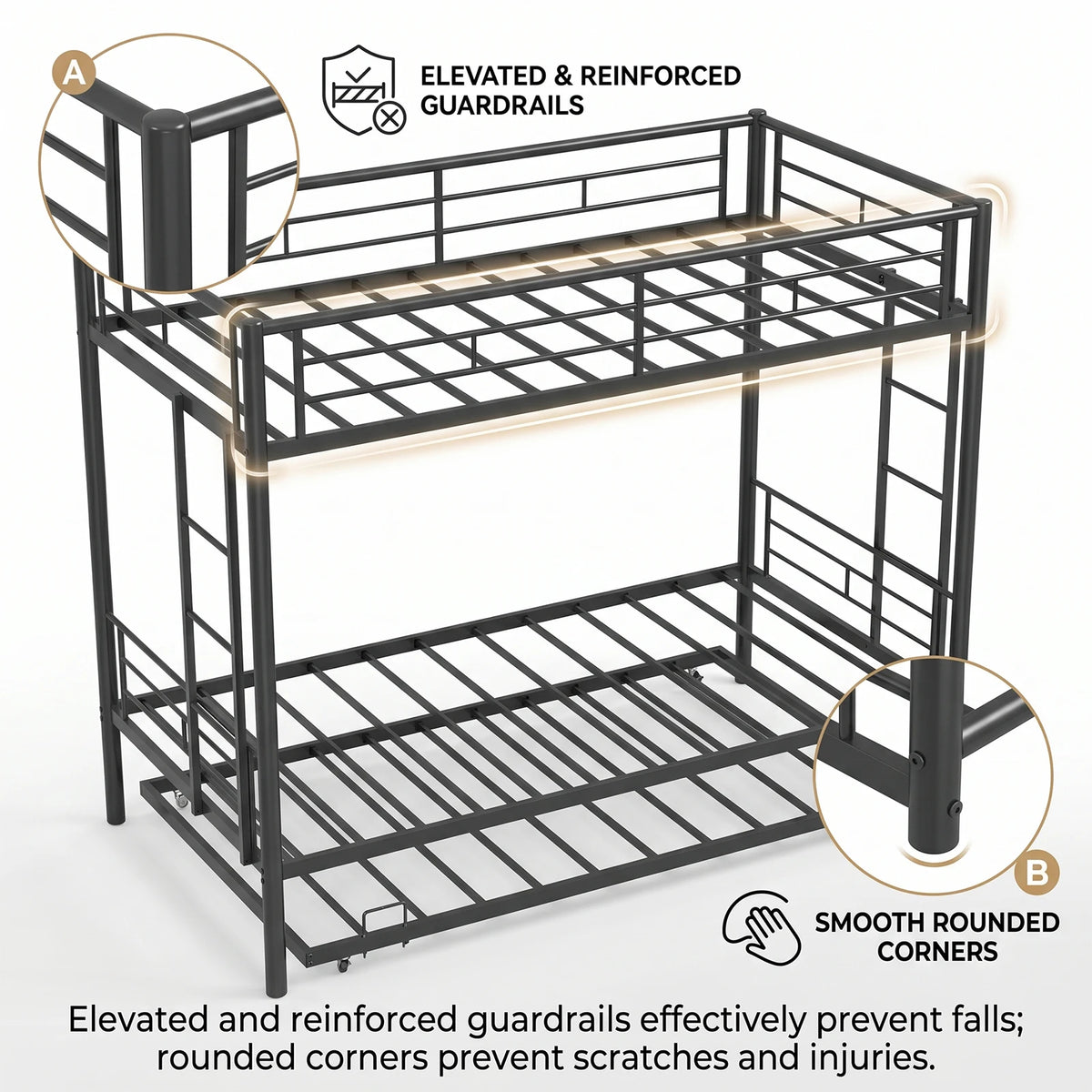 Twin Bunk Bed Frame with Ladder, Safety Rails