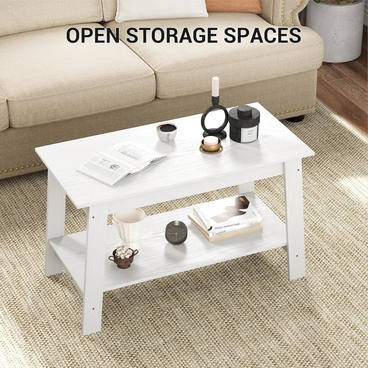 Rustic Farmhouse Wood Coffee Table with Storage Shelf