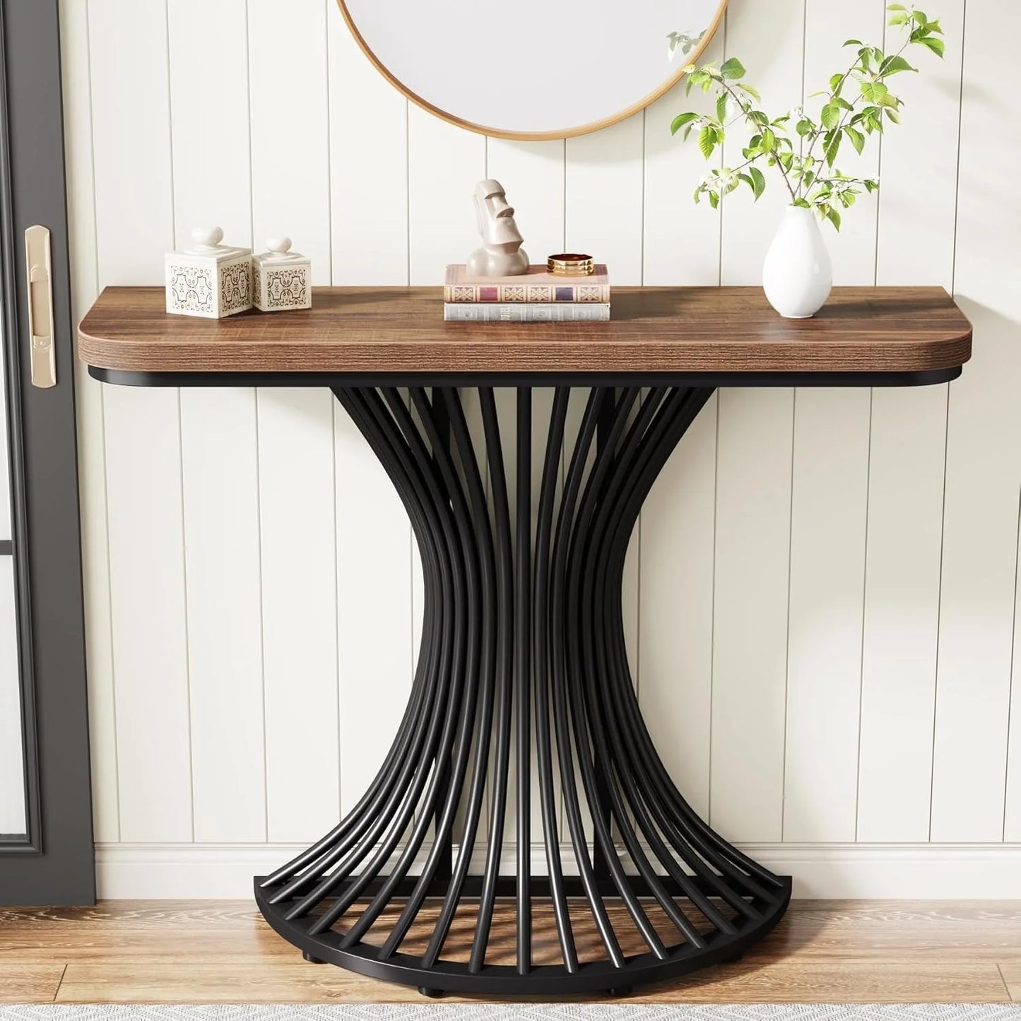 Industrial Entryway Table with Geometric Metal Base.