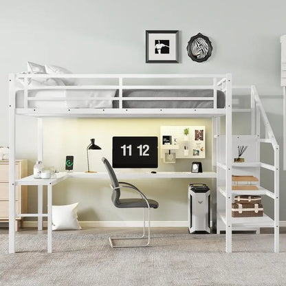 White Queen Loft Bed with L-shaped Desk