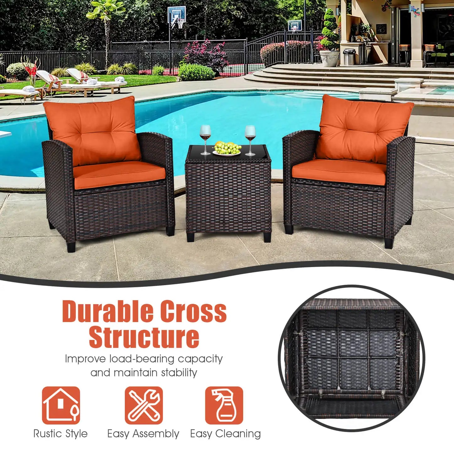 3 PCS Patio Rattan Furniture Set