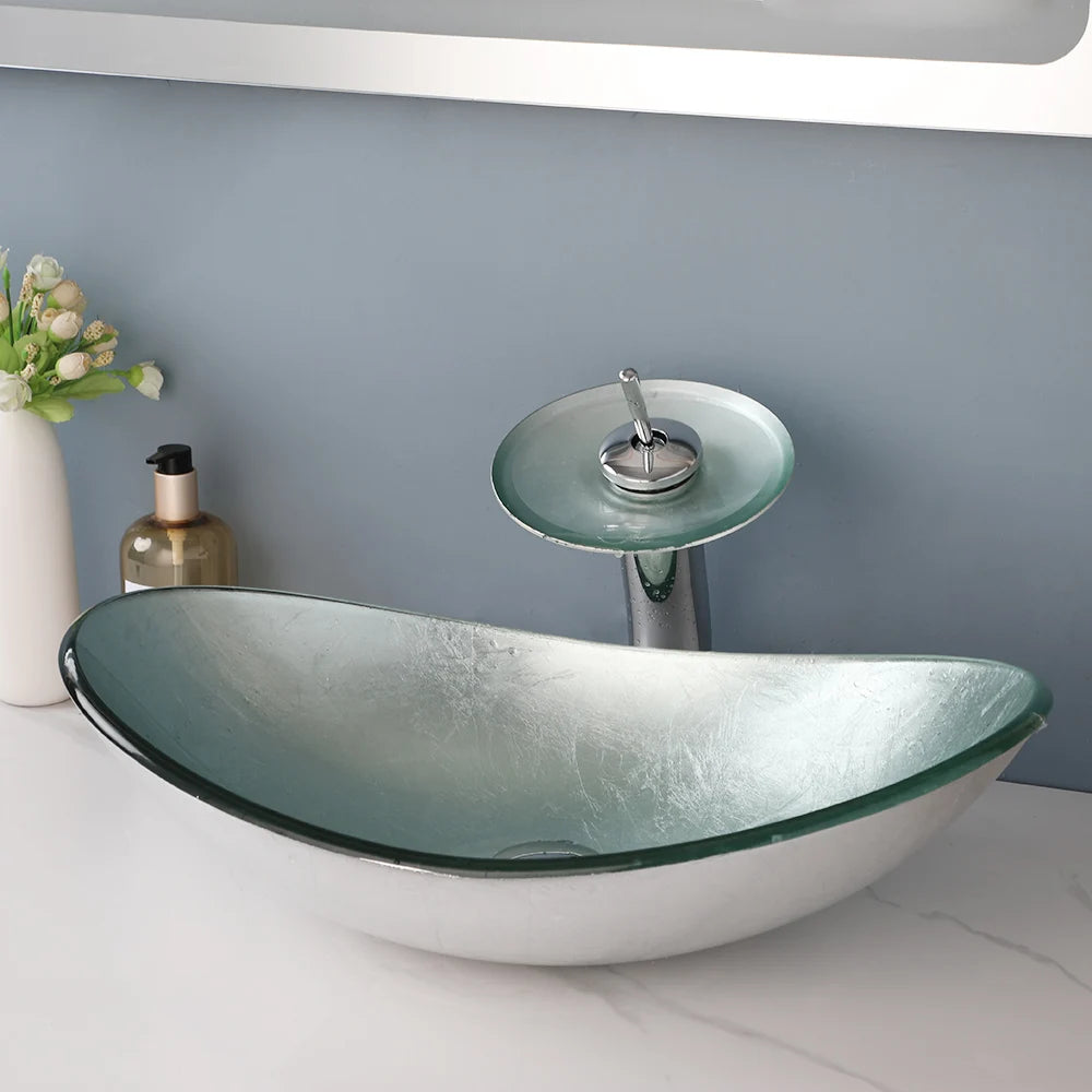 Tempered Glass Washbasin with Waterfall Faucet