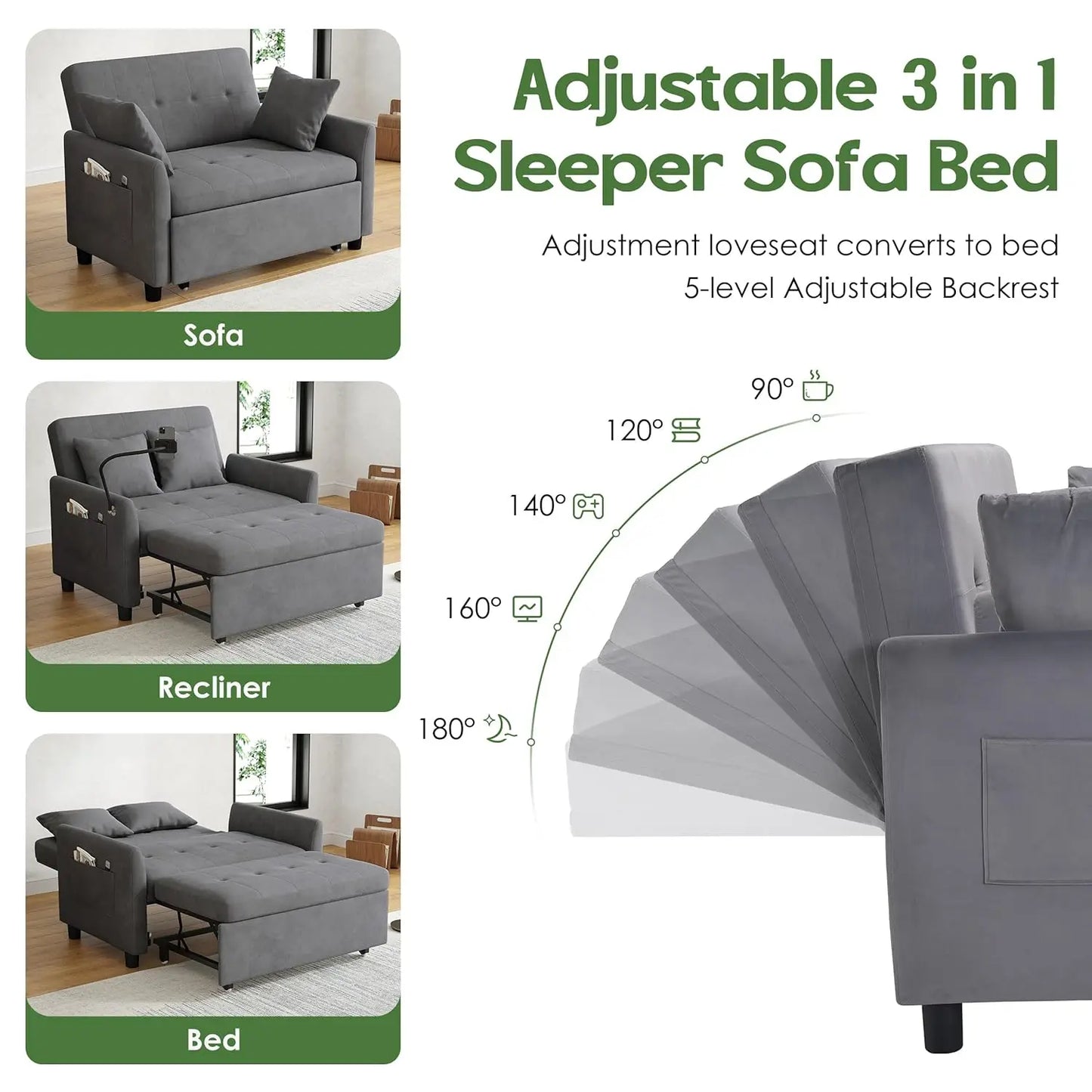 46in 3 in 1 Convertible Sleeper Sofa Velvet Loveseat