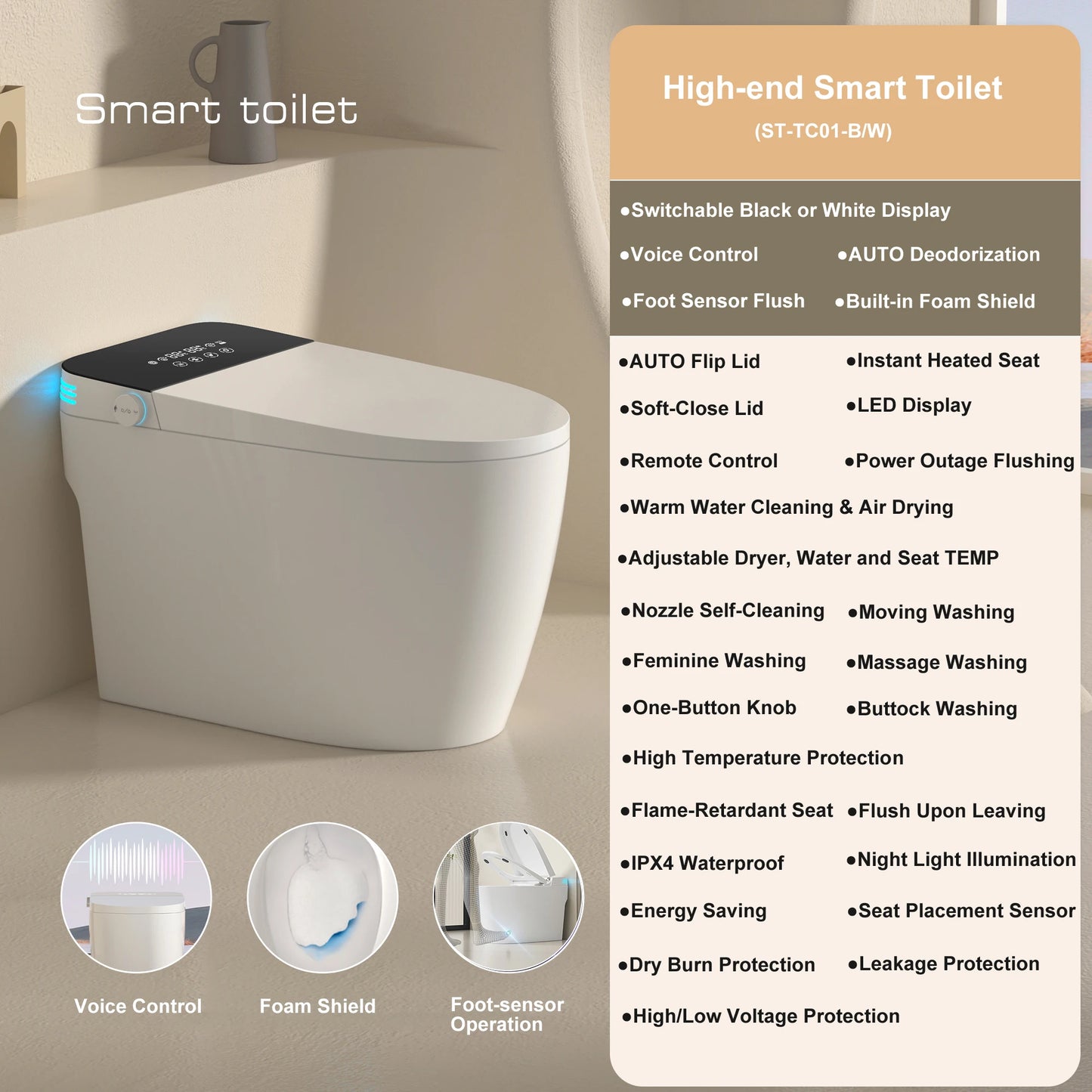 Smart Toilet with Built-in Bidet, AUTO Open/Close