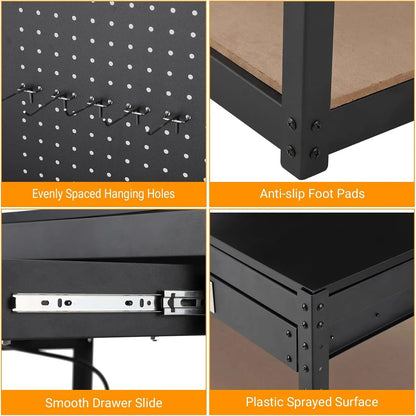 3-Tier Heavy Duty Worktable with 2 Drawers with Hanging Hooks