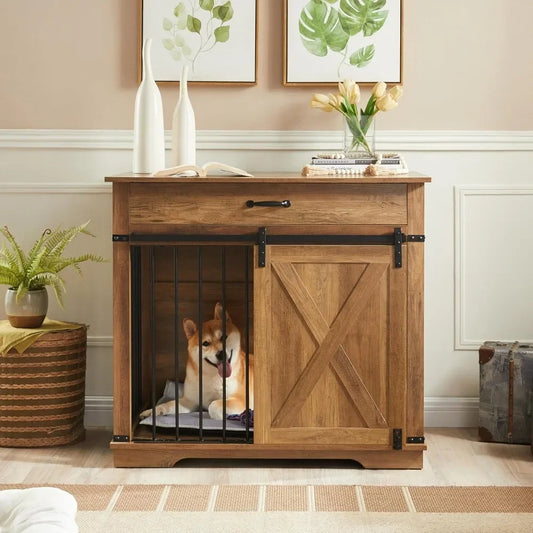 Farmhouse Wooden Dog Kennel Furniture with Sliding Barn Door