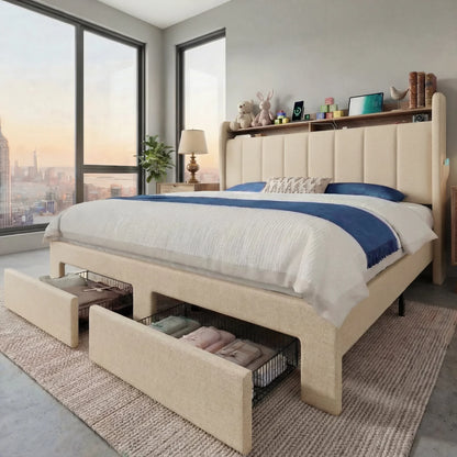 Full/Queen/King Bed Frame, 2 Storage Drawers/2-Tier Shelves