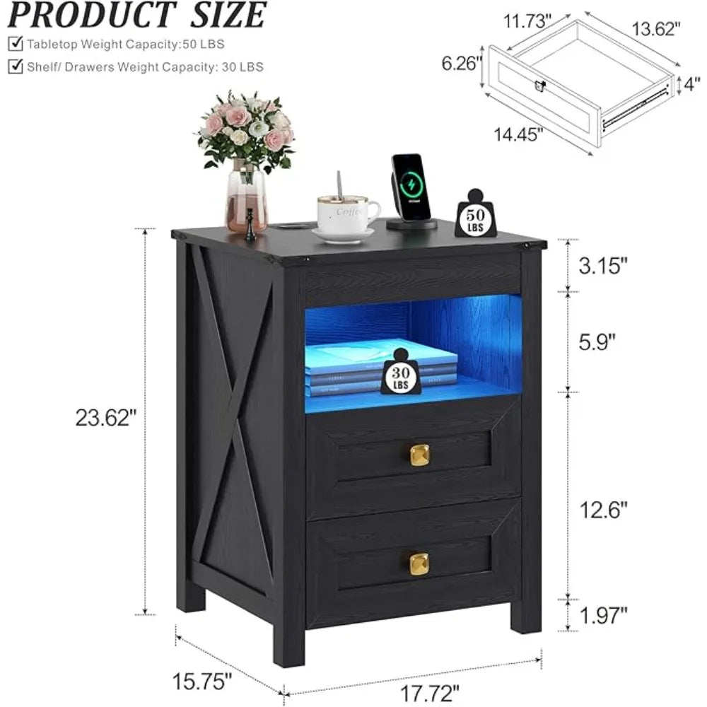Bedside Tables with Charging Station LED Lighting