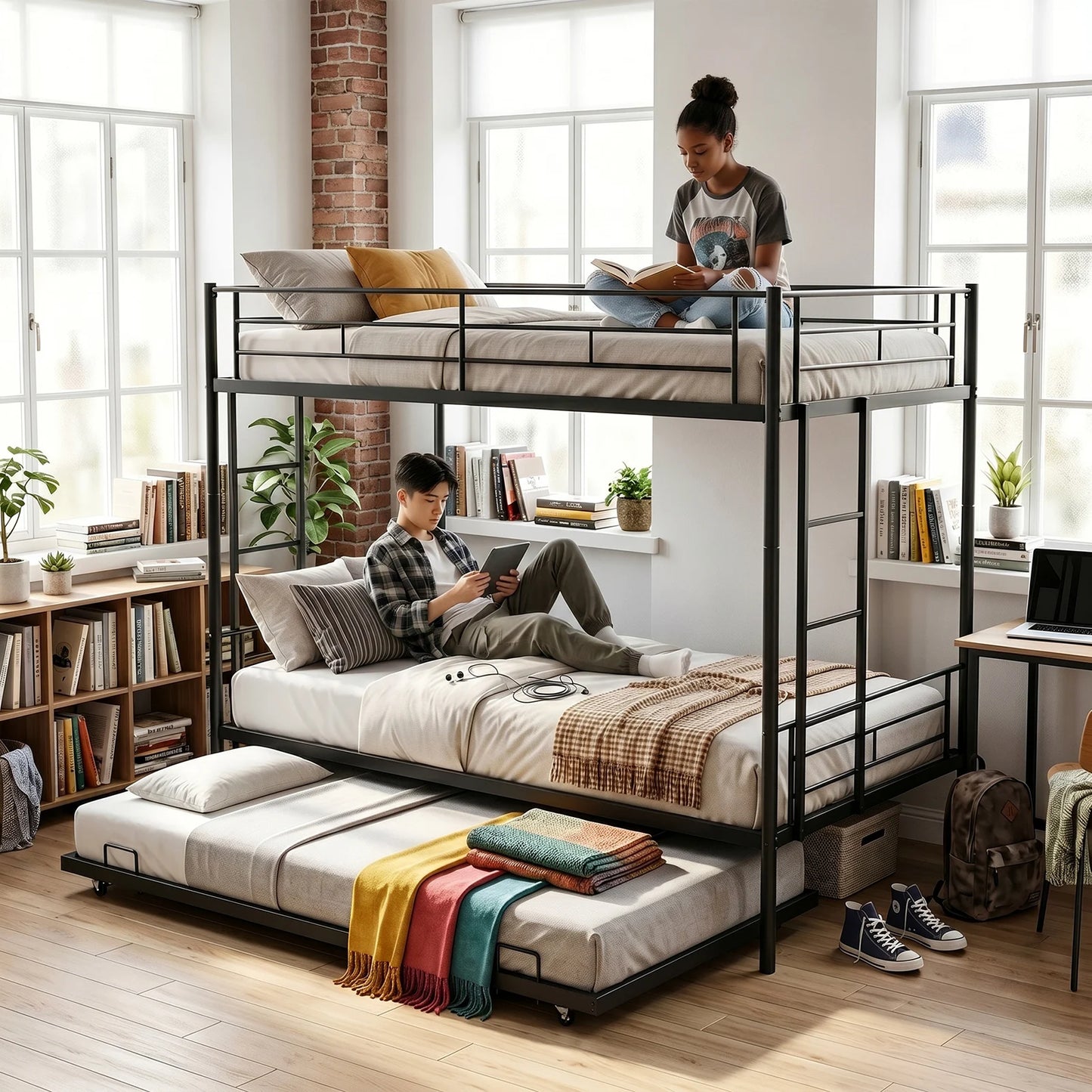Twin Bunk Bed Frame with Ladder, Safety Rails
