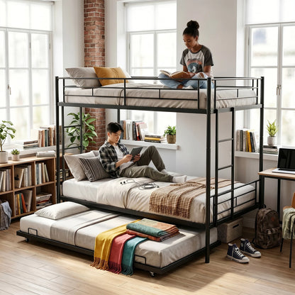Twin Bunk Bed Frame with Ladder, Safety Rails
