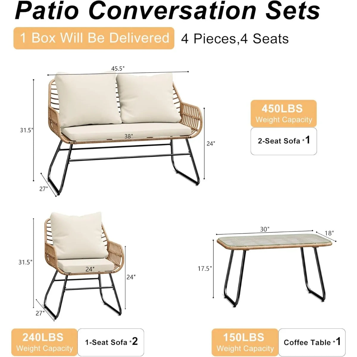 4-Piece Wicker Outdoor Patio Furniture Set with Cushions