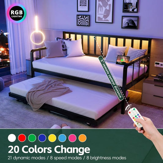 Twin Bed Frame with Charging Station and LED Lights