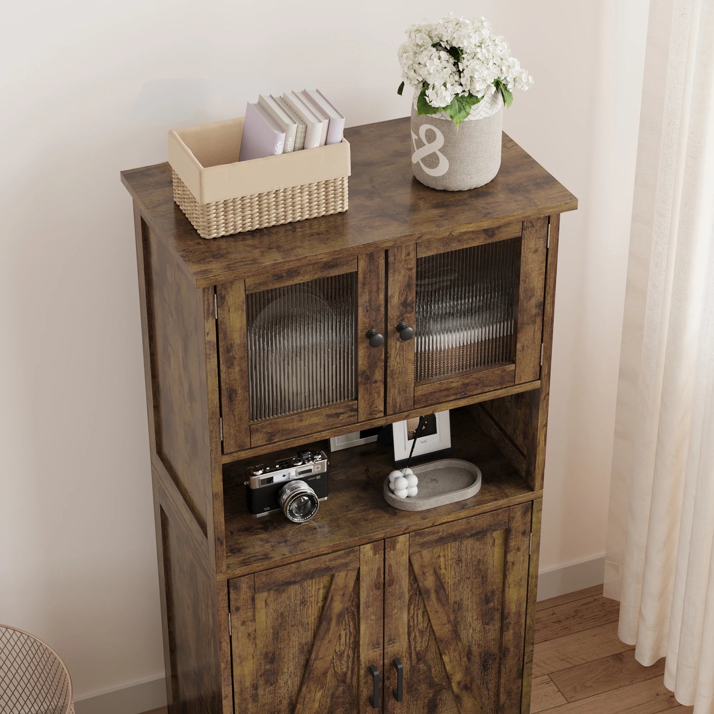 Freestanding Pantry Storage Cabinet with Glass Doors