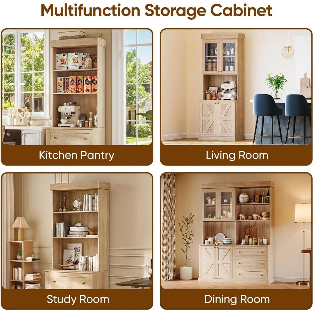 71" Farmhouse Kitchen Pantry Cabinet Set of 3, Brown Freestanding Coffee Bar Hutch with Glass Doors & Adjustable Shelves, Large
