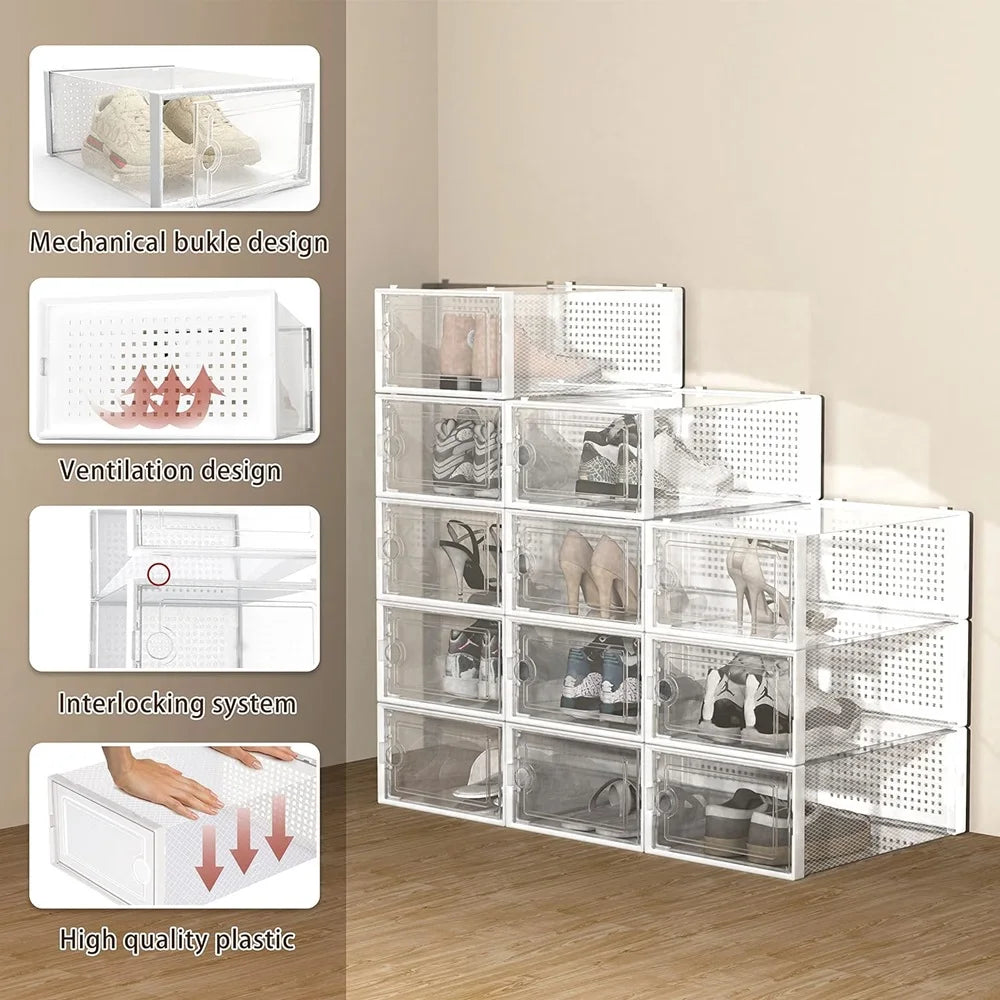 12-Pack Transparent Plastic Stackable Shoe Storage Boxes