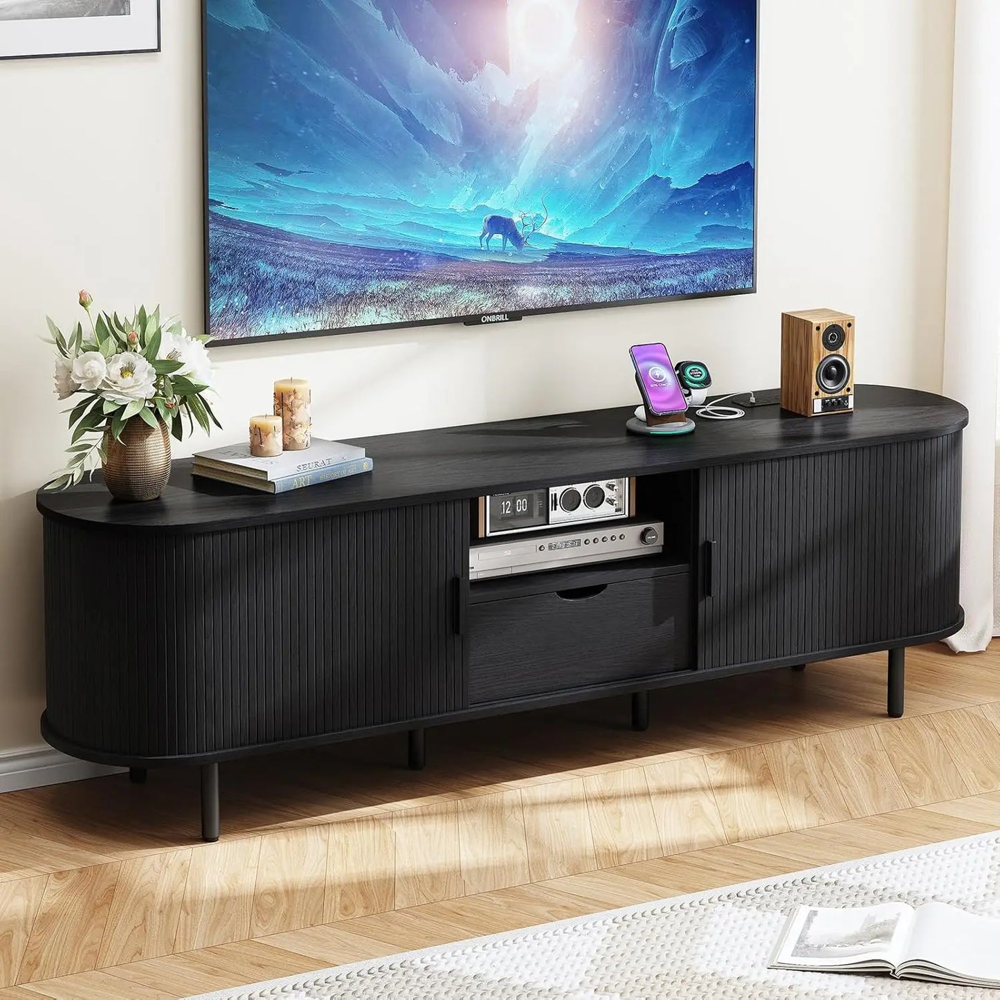 69" TV Stand w/ Power Outlet for TVs up to 80" w/ Adjustable Shelves