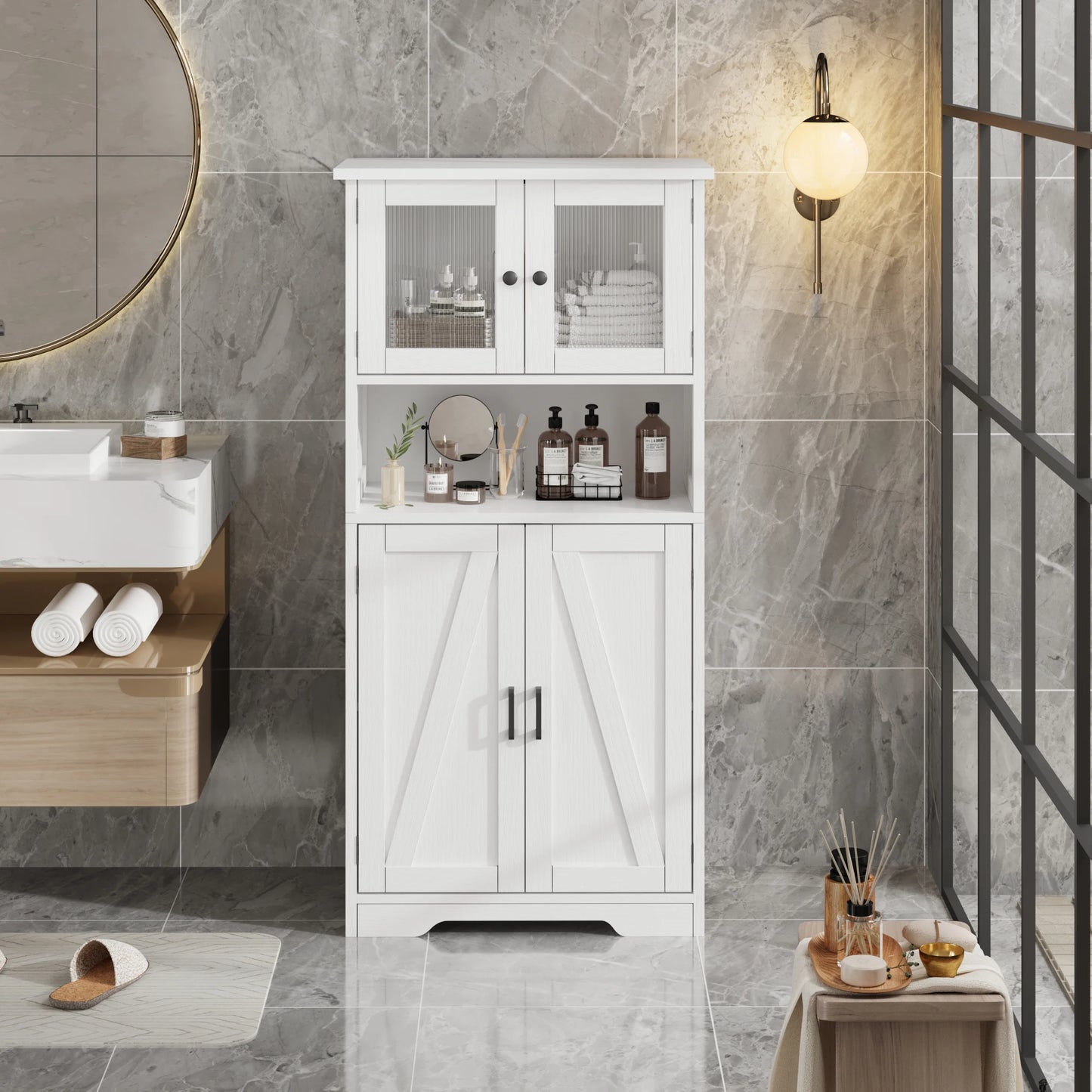 Freestanding Pantry Storage Cabinet with Glass Doors