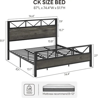 California King Bed Frame, 51.2 " Tall Industrial Headboard