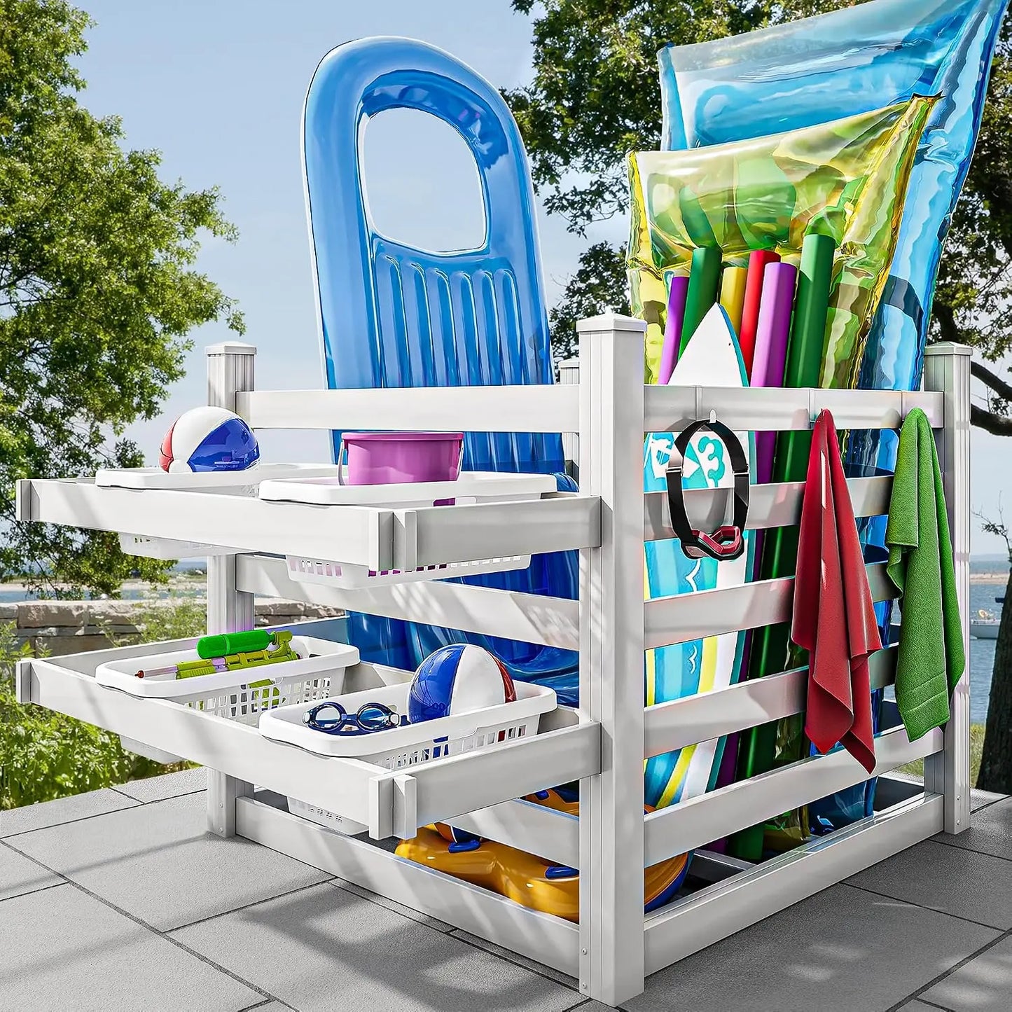 Pool Storage Bins with Towel Rack