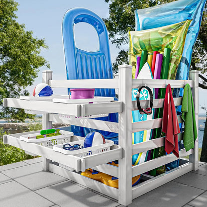 Pool Storage Bins with Towel Rack