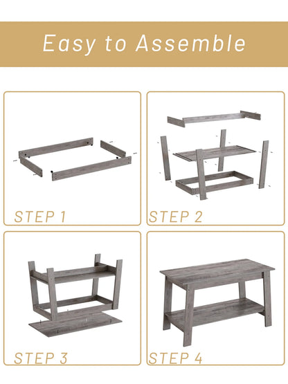 Rustic Farmhouse Wood Coffee Table with Storage Shelf