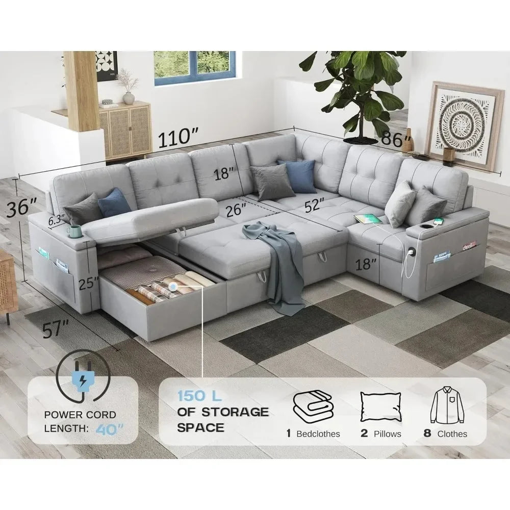 110 Inch Pull Out Sleeper Sofa, with 2 USB Charge Ports