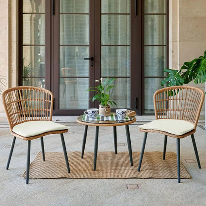 3 Piece Outdoor Wicker Bistro Set, and Tempered Glass