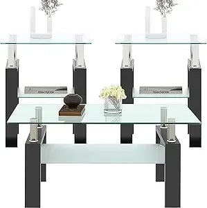 3 Piece Black Glass Coffee Table Set