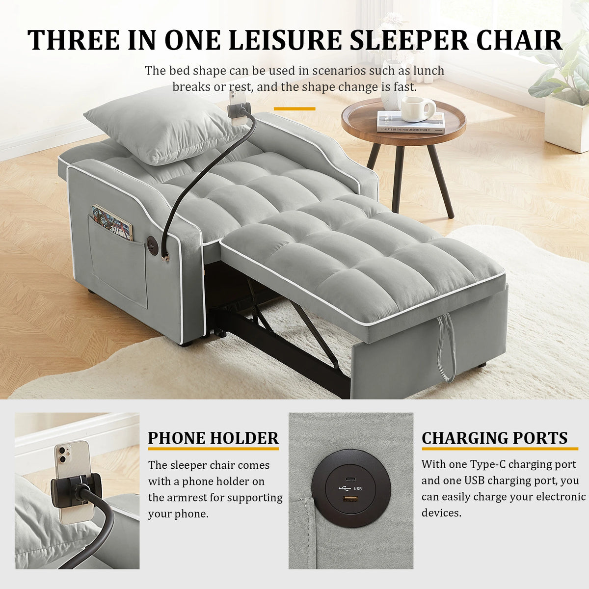 34" 3-In-1 Convertible Sleeper with USB & Type-C Charging Ports