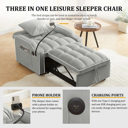 34" 3-In-1 Convertible Sleeper with USB & Type-C Charging Ports