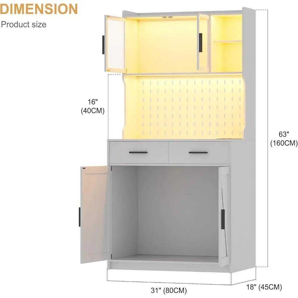 LED Kitchen Pantry Storage Cabinet with Drawers & Adjustable Shelves