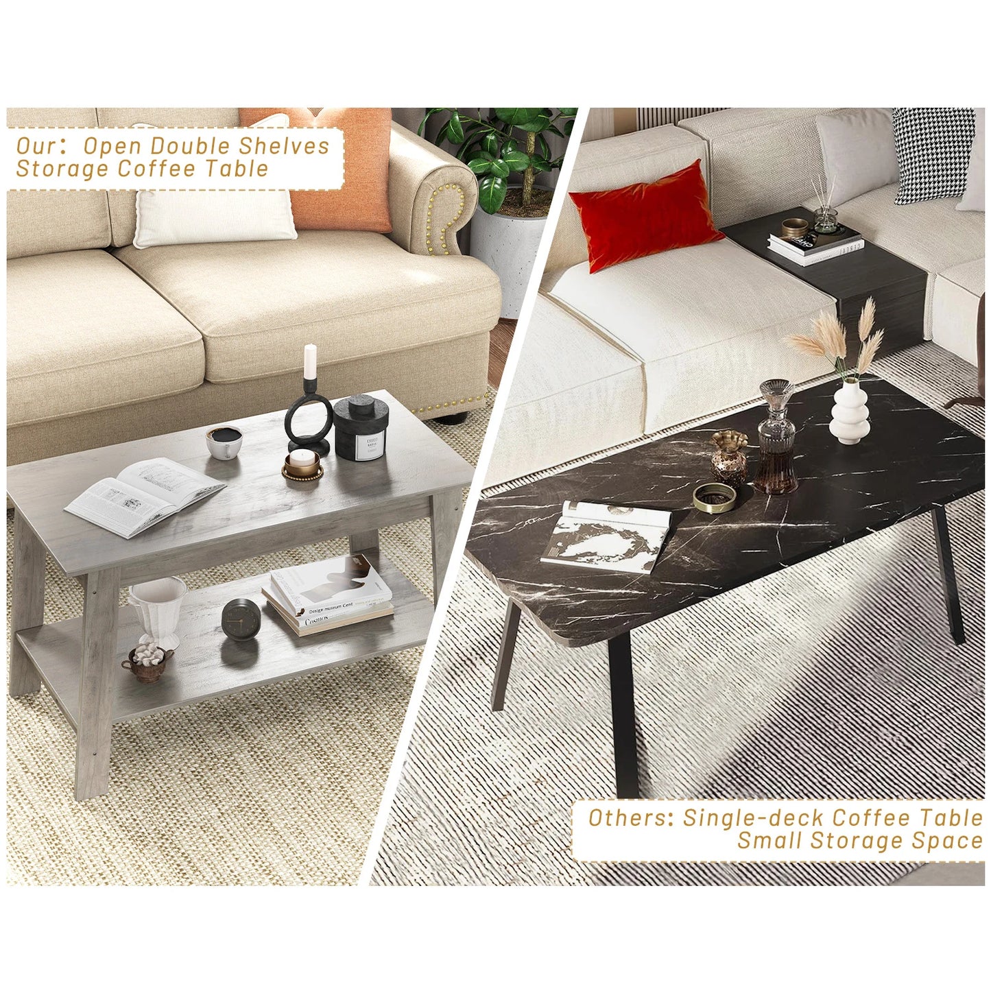 Rustic Farmhouse Wood Coffee Table with Storage Shelf