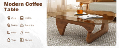 Triangle Glass Coffee Table with Wooden Base for Study Room Office Hotel