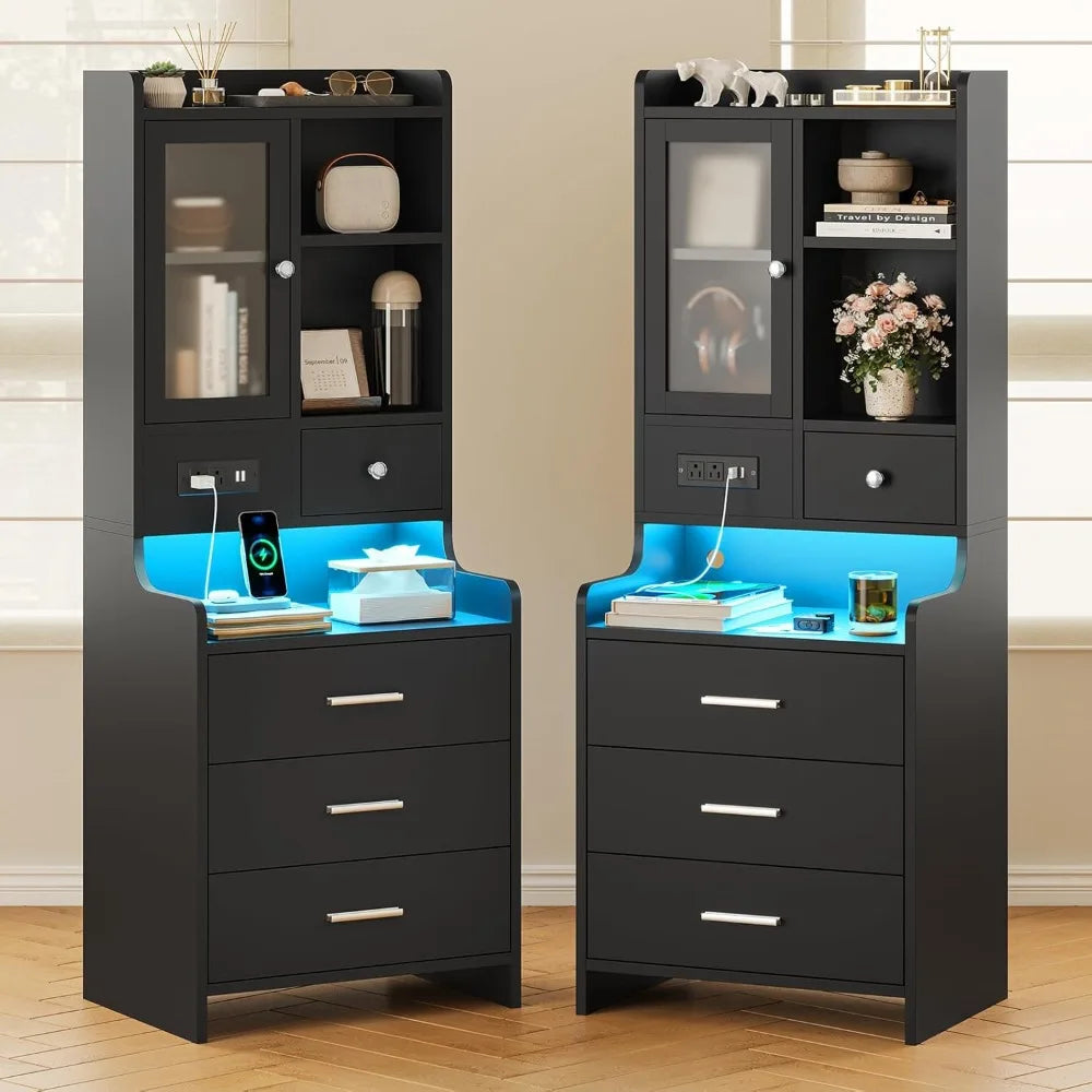 49.2" Black Nightstand Set of 2 with Charging Station