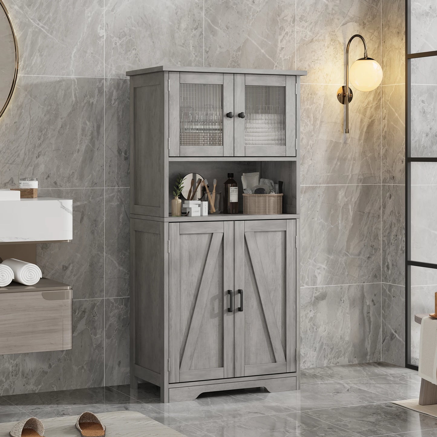 Freestanding Pantry Storage Cabinet with Glass Doors