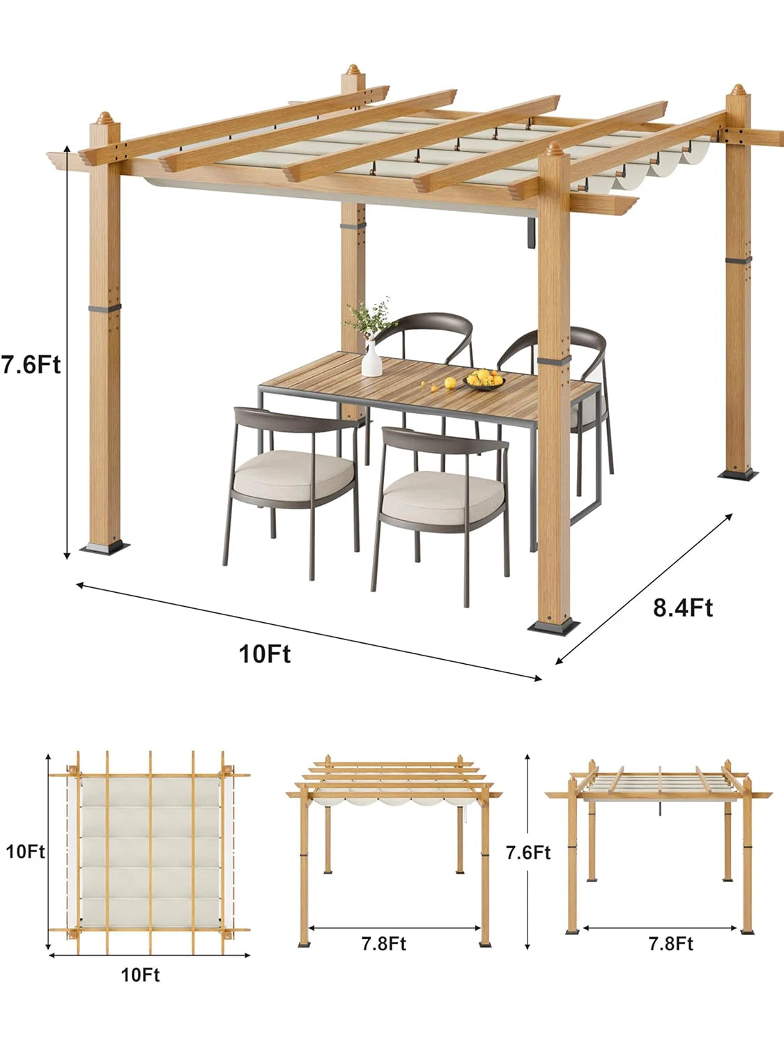 10X10FT 10X13FT Outdoor Pergola with Retractable Canopy